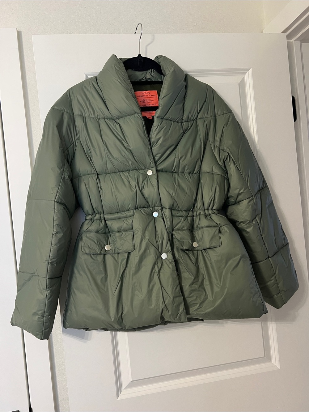 J. Crew Signature Puffer Jacket - Olive with Pink Label